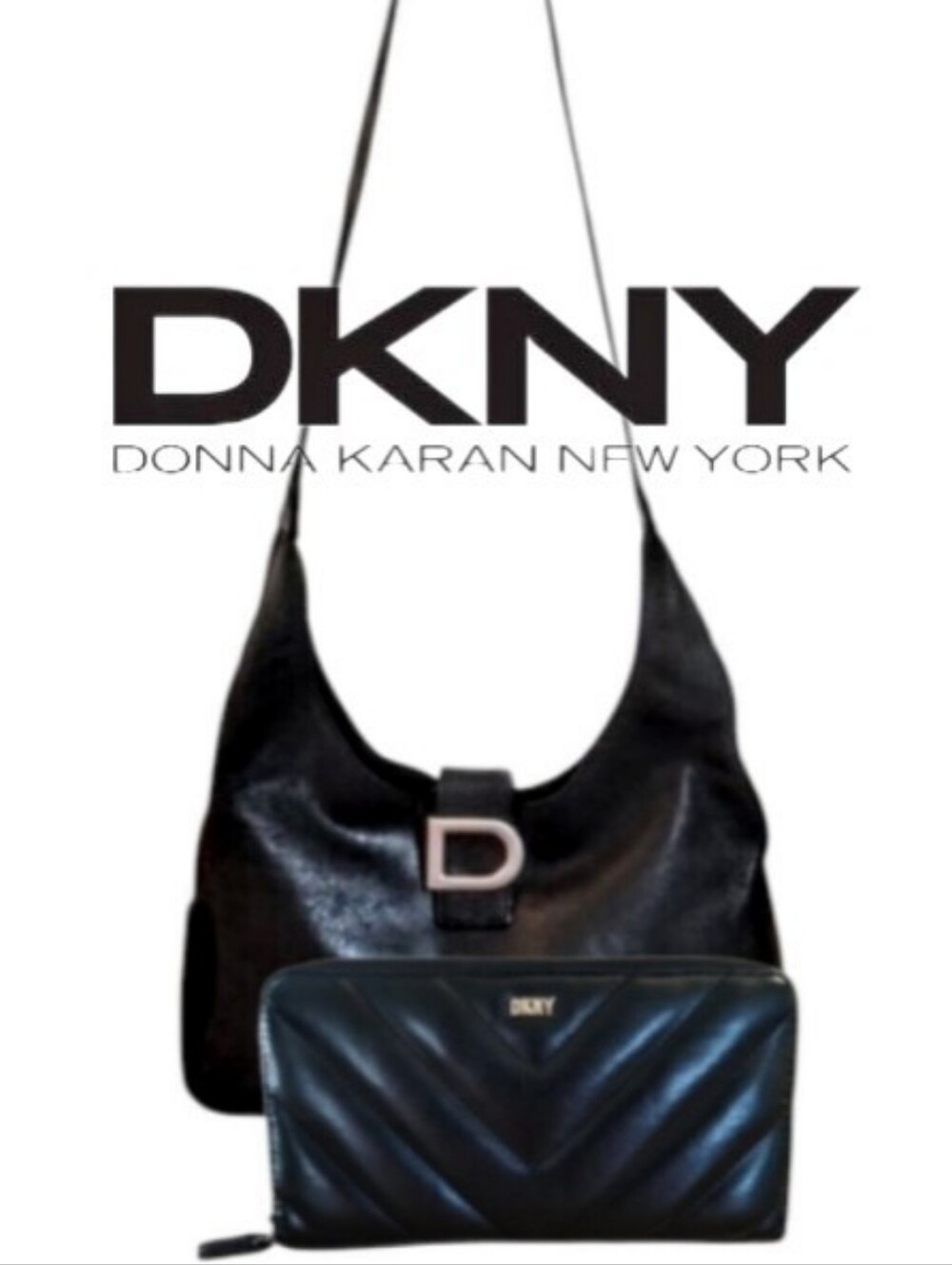 DKNY 90's Vintage Genuine Leather Shoulder Monogram D  Bag & DKNY Wallet